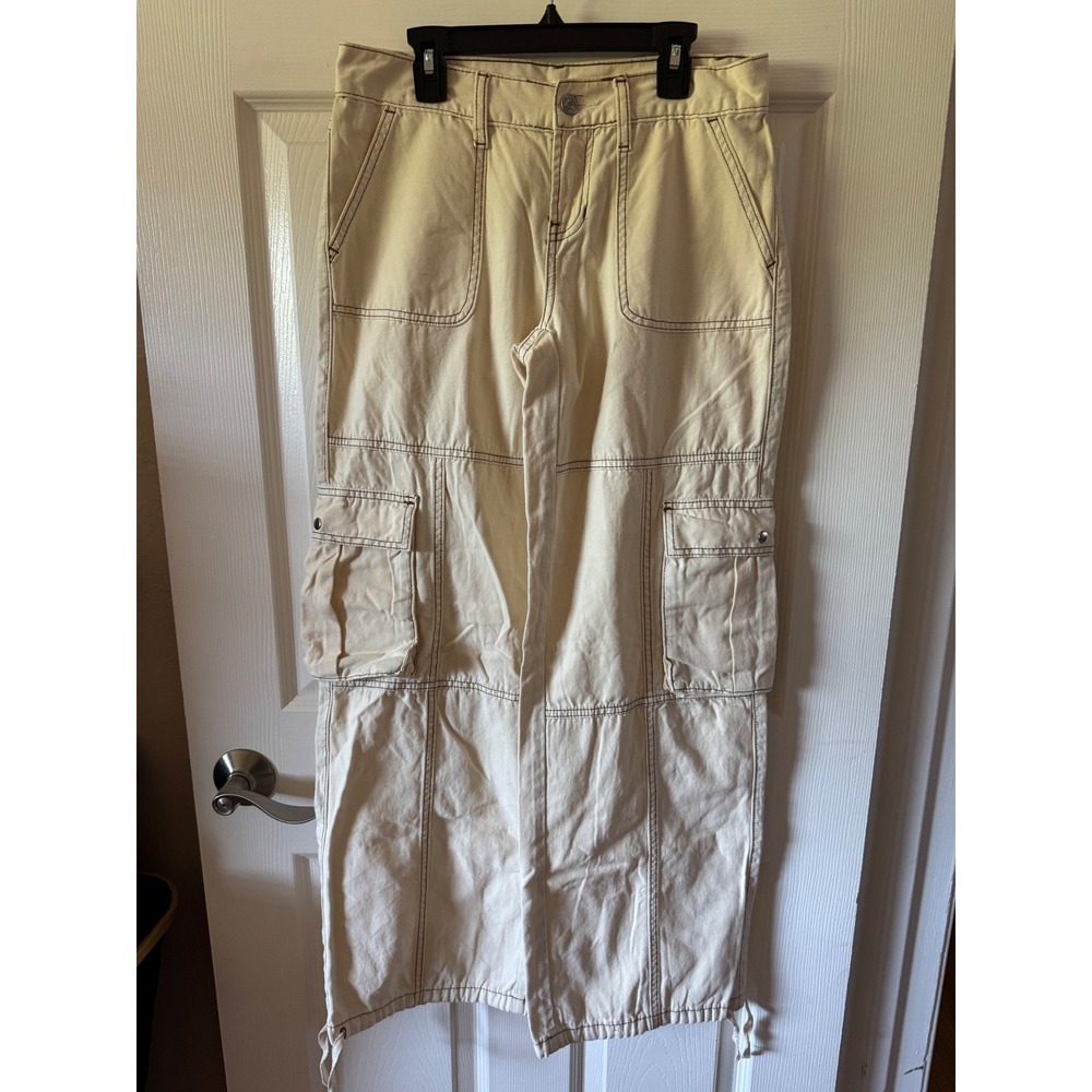 PacSun Low Rise Wide Leg Cargo Pants Women Size 25 Cream Contrast Stitch Utility